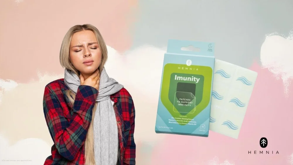 Forkølet kvinde ved siden af sine Hemnia Immunity funktionelle plastre, der støtter immunforsvaret