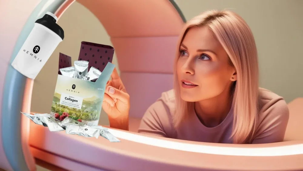 Žena se dívá na Hemnia malinový kolagen a shaker